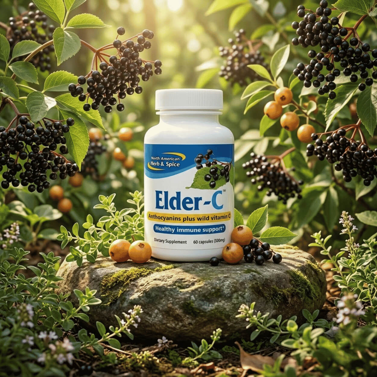 Elder-C od značky North American Herb & Spice stojící venku na mechem porostlém kameni, obklopenou zralými černými plody bezu černého a drobnými žlutooranžovými plody v divoké zelené přírodě zalité sluncem.